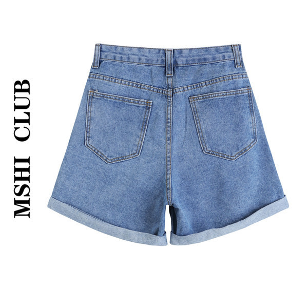 Pantaloni scurți casual de damă din denim cu talie înaltă de culoare albastru