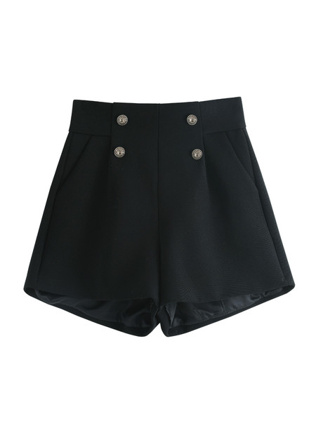 Pantaloni scurți negri de damă cu nasturi și buzunare