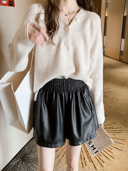 Pantaloni de dama din piele cu elastic si buzunare