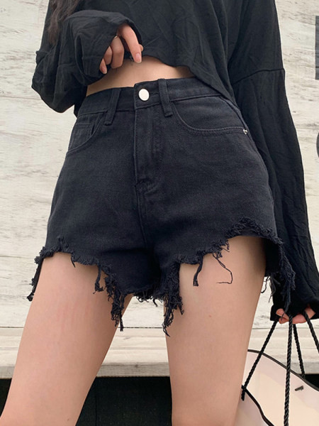 Blugi scurti de primăvară-vară cu franjuri și talie înaltă