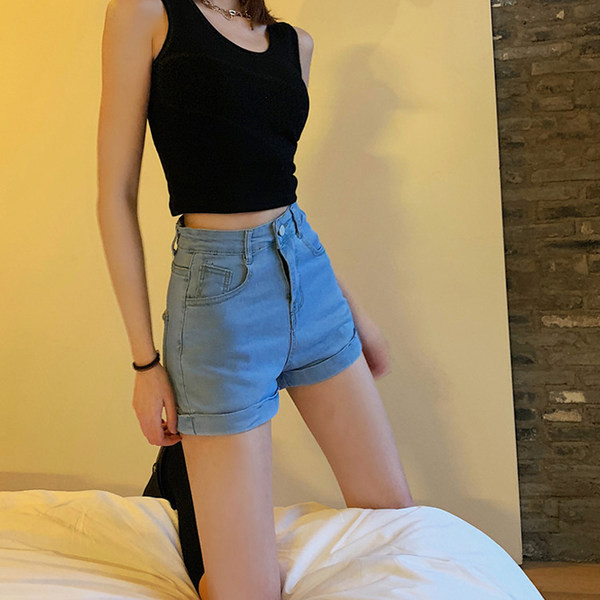 Blugi scurti casual cu buzunare si talie inalta