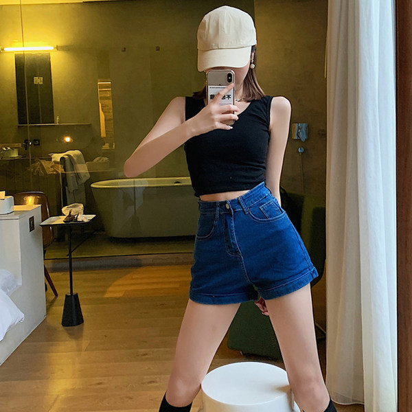 Blugi scurti casual cu buzunare si talie inalta