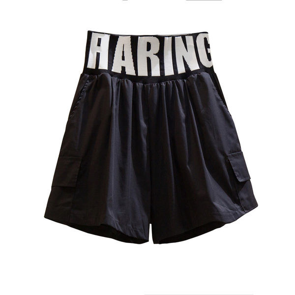 Pantaloni scurți de damă cu inscripție și talie înaltă