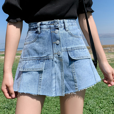 Μοντέρνο τζιν φούστα-παντελόνι με κουμπιά - μπλε και μαύρο χρώμα