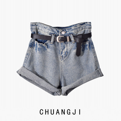 Ikdienas sieviešu īsie džinsi ar jostu