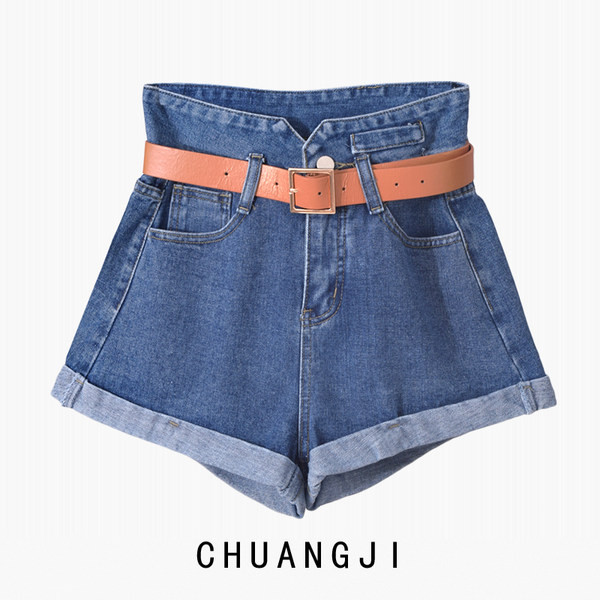 Blugi scurti de primavara cu talie inalta si curea