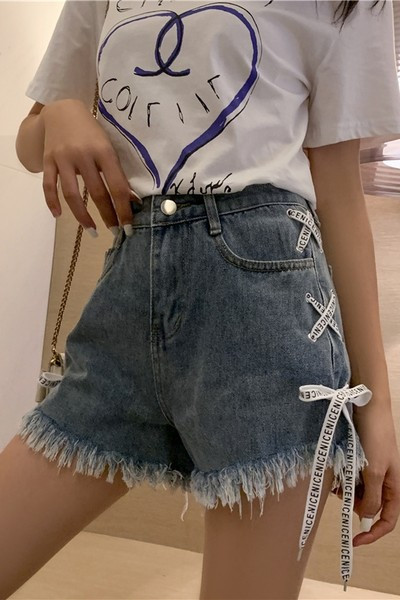 Γυναικεία σορτς τζιν με κορδόνια και ψηλή μέση σε μπλε χρώμα