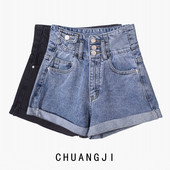 Īsi sieviešu džinsi ar augstu vidukli un kabatām