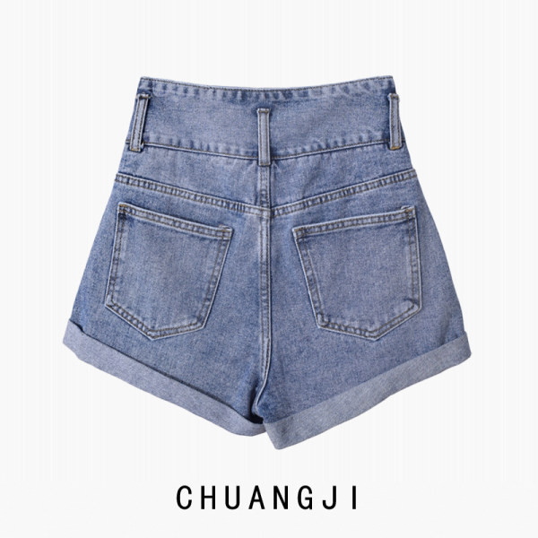 Īsi sieviešu džinsi ar augstu vidukli un kabatām