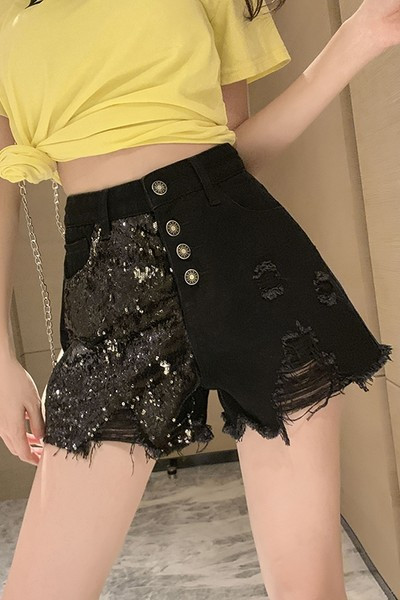 Γυναικείο κοντό τζιν με πούλιες και σκισμένο μοτίβο