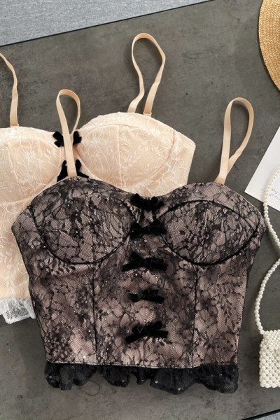 Bustiera dama din dantela cu panglica si bretele subtiri