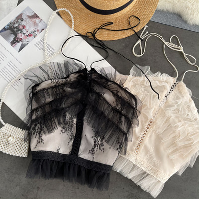 Top de dama din dantela cu bretele subtiri si tul