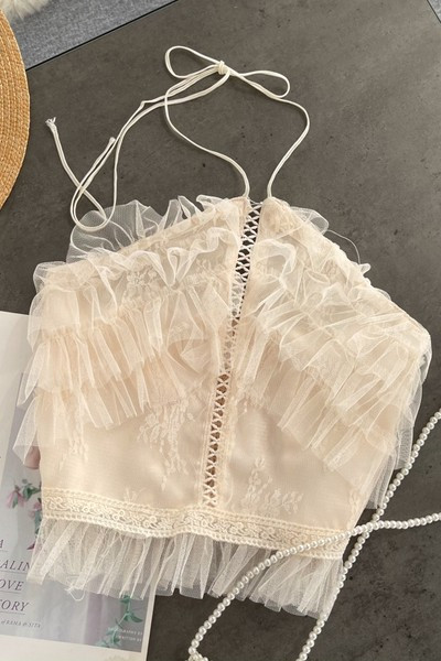 Top de dama din dantela cu bretele subtiri si tul