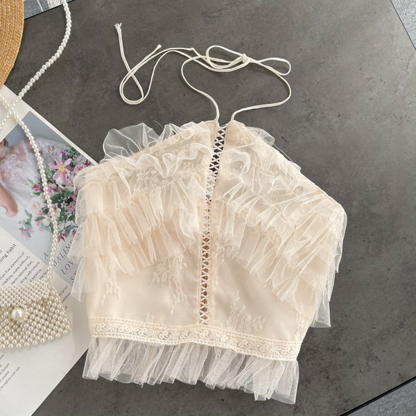 Top de dama din dantela cu bretele subtiri si tul