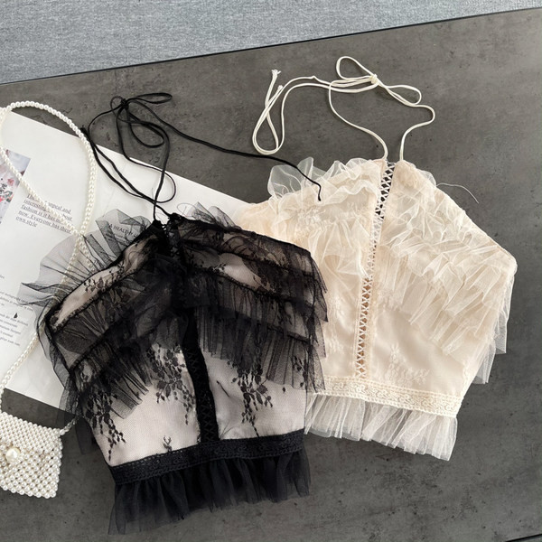 Top de dama din dantela cu bretele subtiri si tul