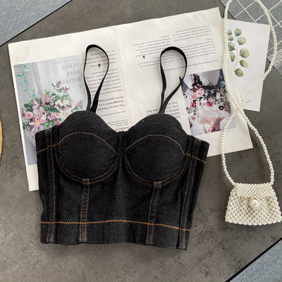 Kratki ženski traper bustier s tankim naramenicama