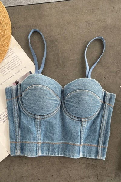 Kratki ženski traper bustier s tankim naramenicama