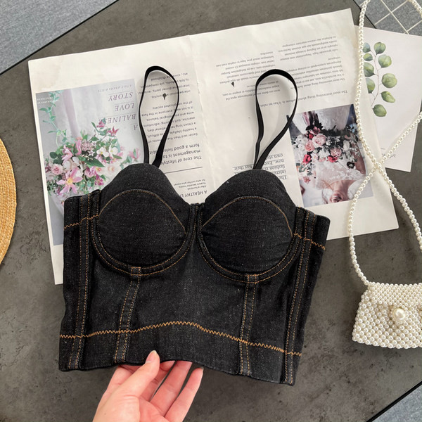 Kratki ženski traper bustier s tankim naramenicama