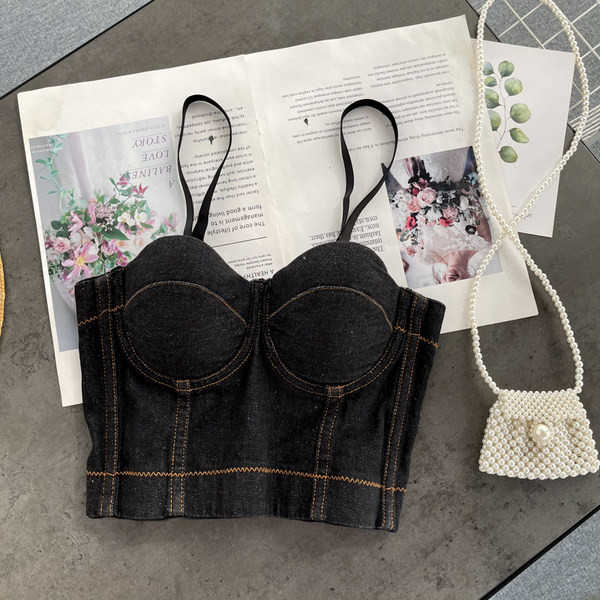 Kratki ženski traper bustier s tankim naramenicama