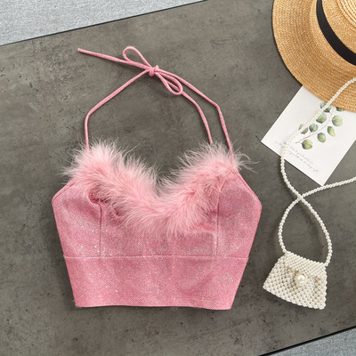 Top scurt de damă roz cu particule strălucitoare și puf