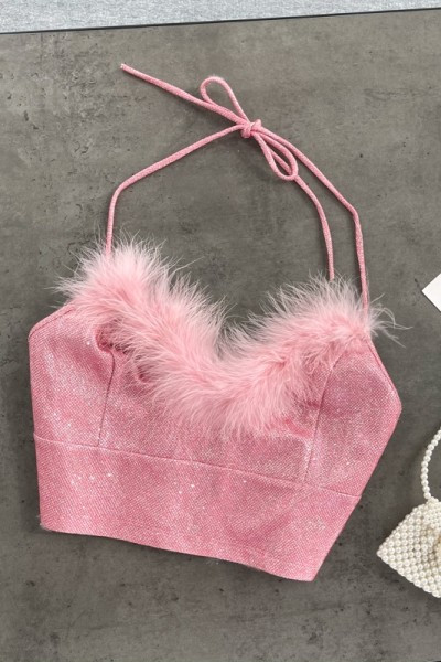 Top scurt de damă roz cu particule strălucitoare și puf