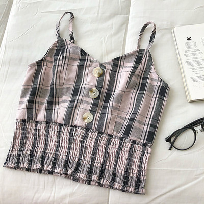 Γυναικεία καρό αμάνικη μπλούζα με κουμπιά και λεπτά λουράκια