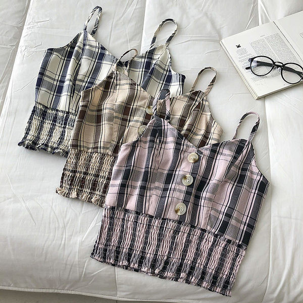 Γυναικεία καρό αμάνικη μπλούζα με κουμπιά και λεπτά λουράκια