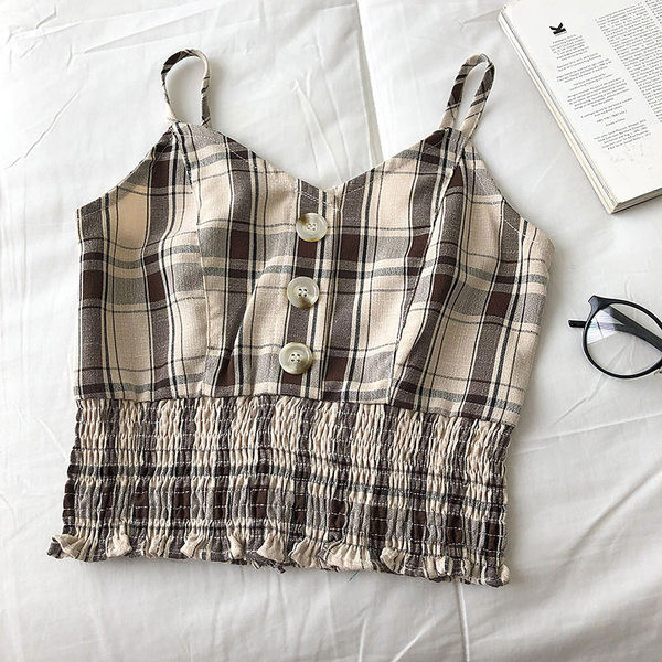 Γυναικεία καρό αμάνικη μπλούζα με κουμπιά και λεπτά λουράκια