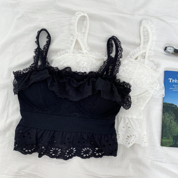 Moderna ženska majica bez rukava s čipkom i tankim naramenicama - u bijeloj i crnoj boji