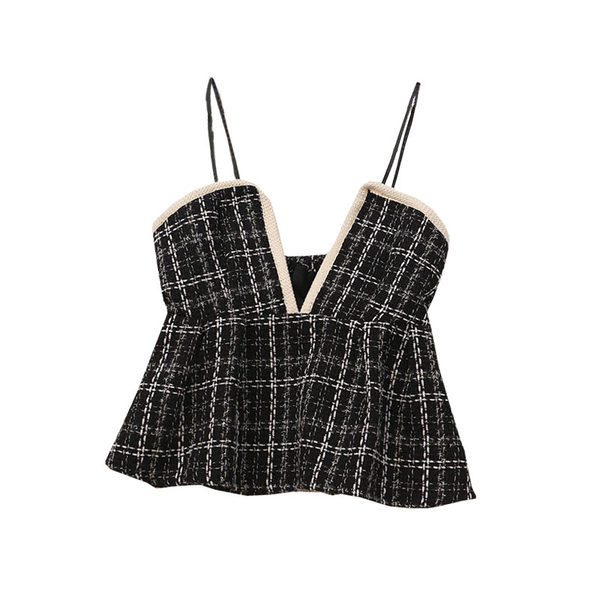 Ρετρό στυλ καρό γυναικεία αμάνικη μπλούζα με λεπτά τιραντάκια