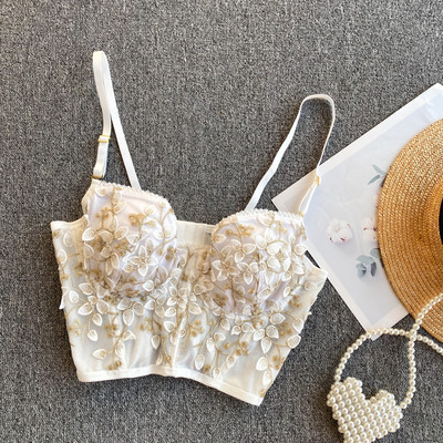 Šiuolaikinė moteriška palaidinė su siuvinėjimais ir plonomis petnešėlėmis