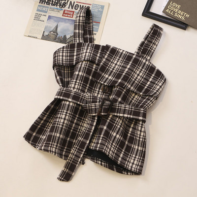 Karirana ženska majica bez rukava s remenom