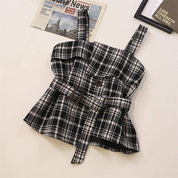 Karirana ženska majica bez rukava s remenom