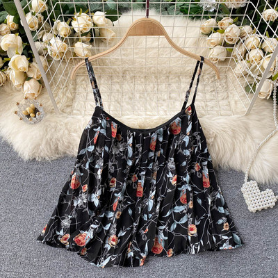 Γυναικείο πλισέ αμάνικο με λεπτά τιραντάκια  και λουλουδάτο μοτίβο