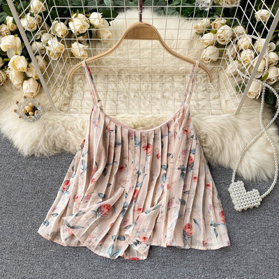 Γυναικείο πλισέ αμάνικο με λεπτά τιραντάκια  και λουλουδάτο μοτίβο