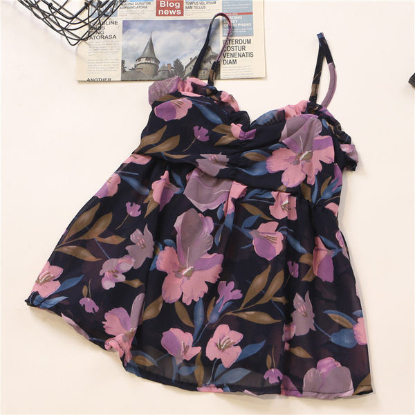 Πολύχρωμο γυναικείο αμάνικο μπλουζάκι με λεπτά λουράκια και λουλούδια μοτίβα