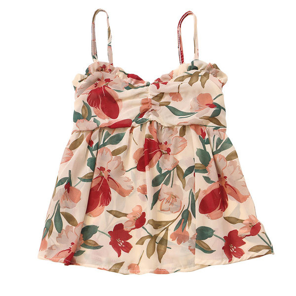 Πολύχρωμο γυναικείο αμάνικο μπλουζάκι με λεπτά λουράκια και λουλούδια μοτίβα