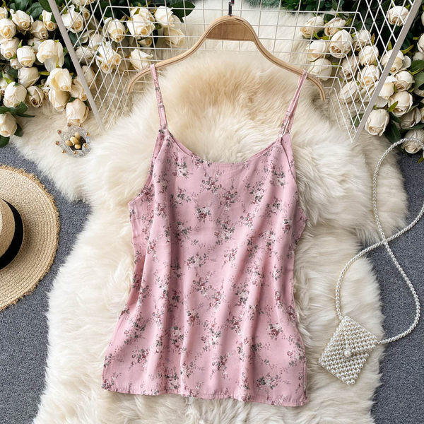 Γυναικεία αμάνικι μπλούζα με λουλουδάτο μοτίβο και λεπτά λουράκια