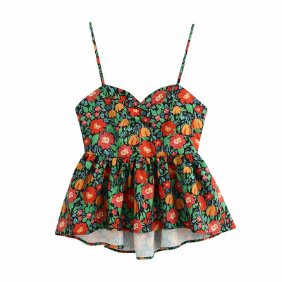 Ženska asimetrična majica bez rukava s tankim naramenicama i cvjetnim uzorkom