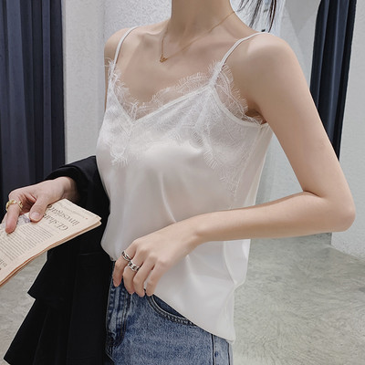 Ženska satenska majica bez rukava s čipkom i tankim naramenicama