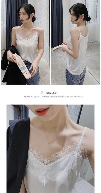 Ženska satenska majica bez rukava s čipkom i tankim naramenicama