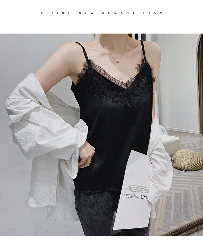 Ženska satenska majica bez rukava s čipkom i tankim naramenicama