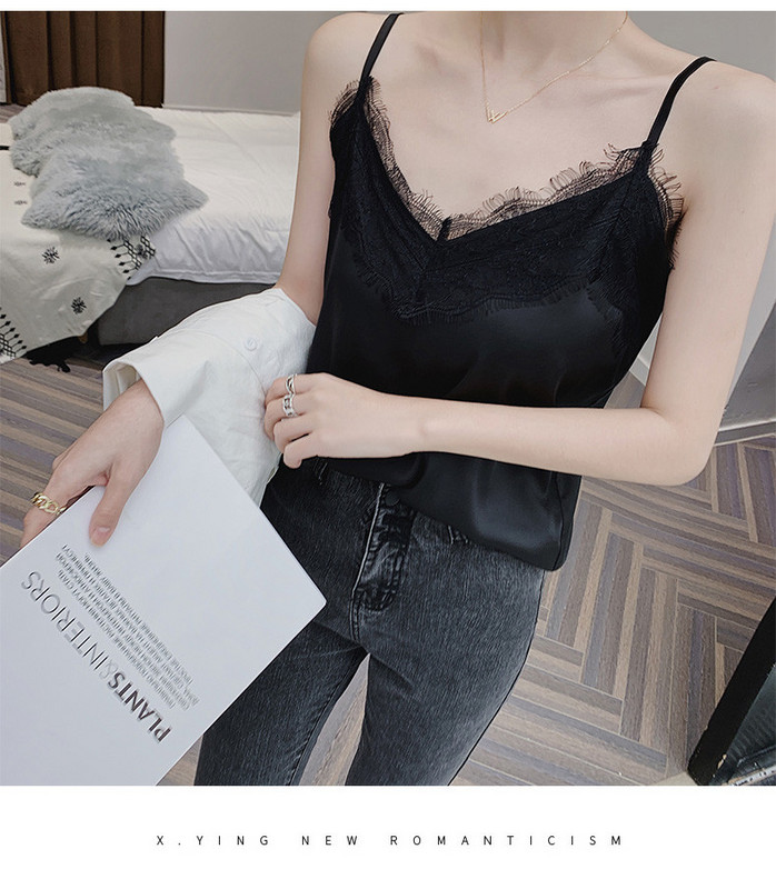 Ženska satenska majica bez rukava s čipkom i tankim naramenicama