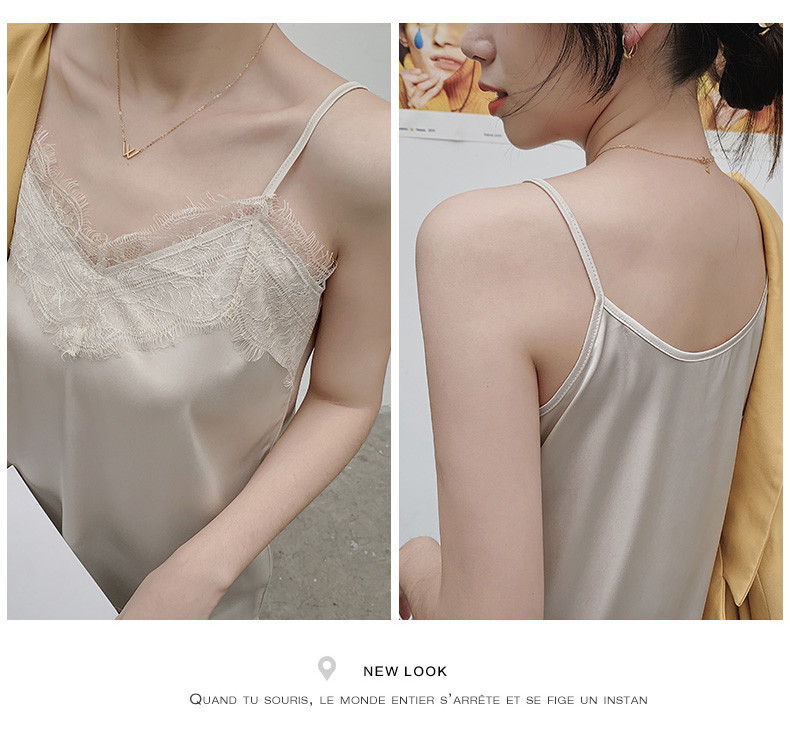 Ženska satenska majica bez rukava s čipkom i tankim naramenicama