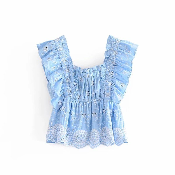 Top de vară cu decolteu pătrat și bucle