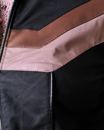 Спортен черен кожен комплект от яке и панталон с розова и бежова кожа Addict