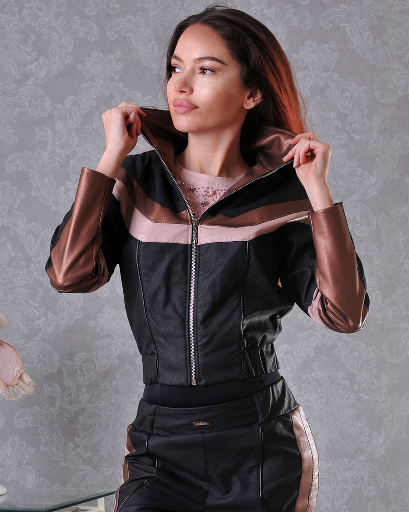 Спортен черен кожен комплект от яке и панталон с розова и бежова кожа Addict