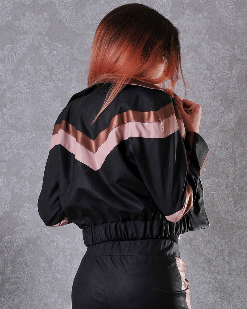 Спортен черен кожен комплект от яке и панталон с розова и бежова кожа Addict