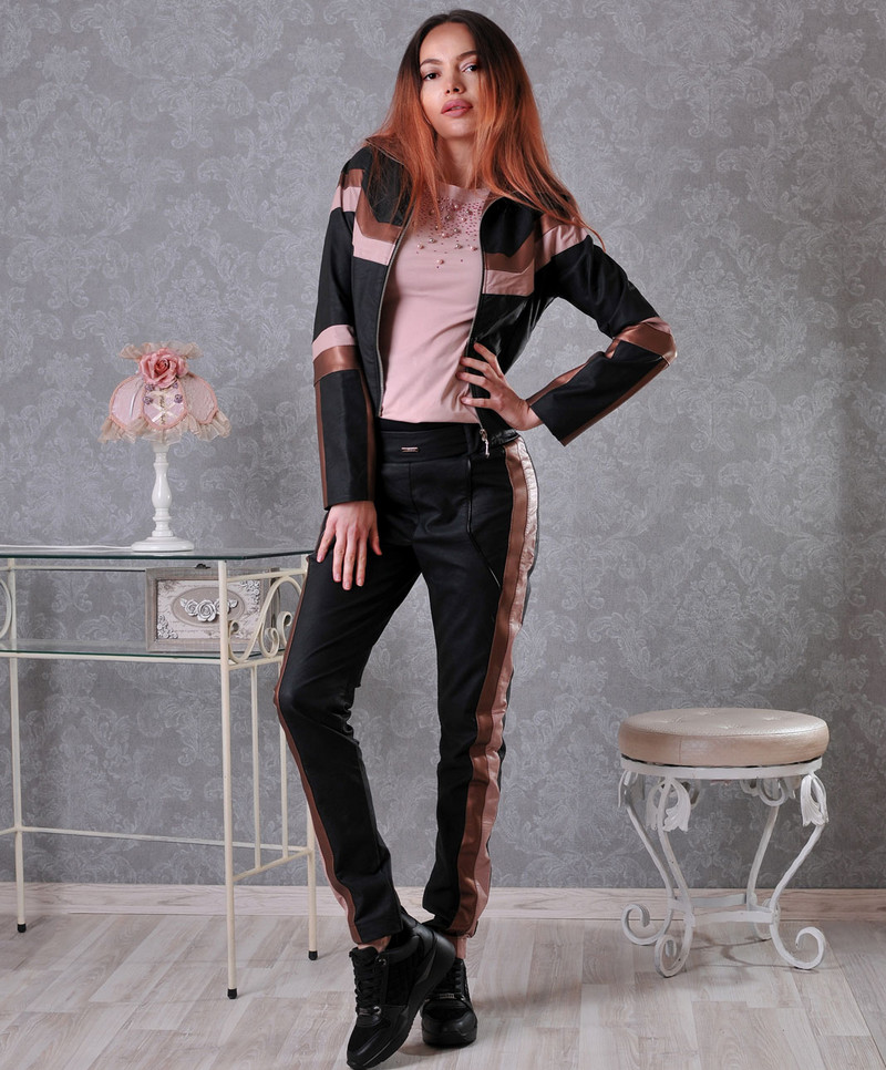 Спортен черен кожен комплект от яке и панталон с розова и бежова кожа Addict