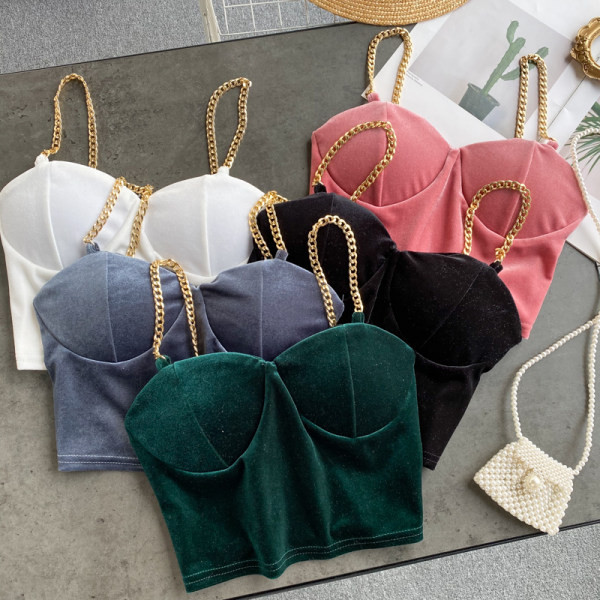 Top de damă scurt din catifea cu bretele metalice